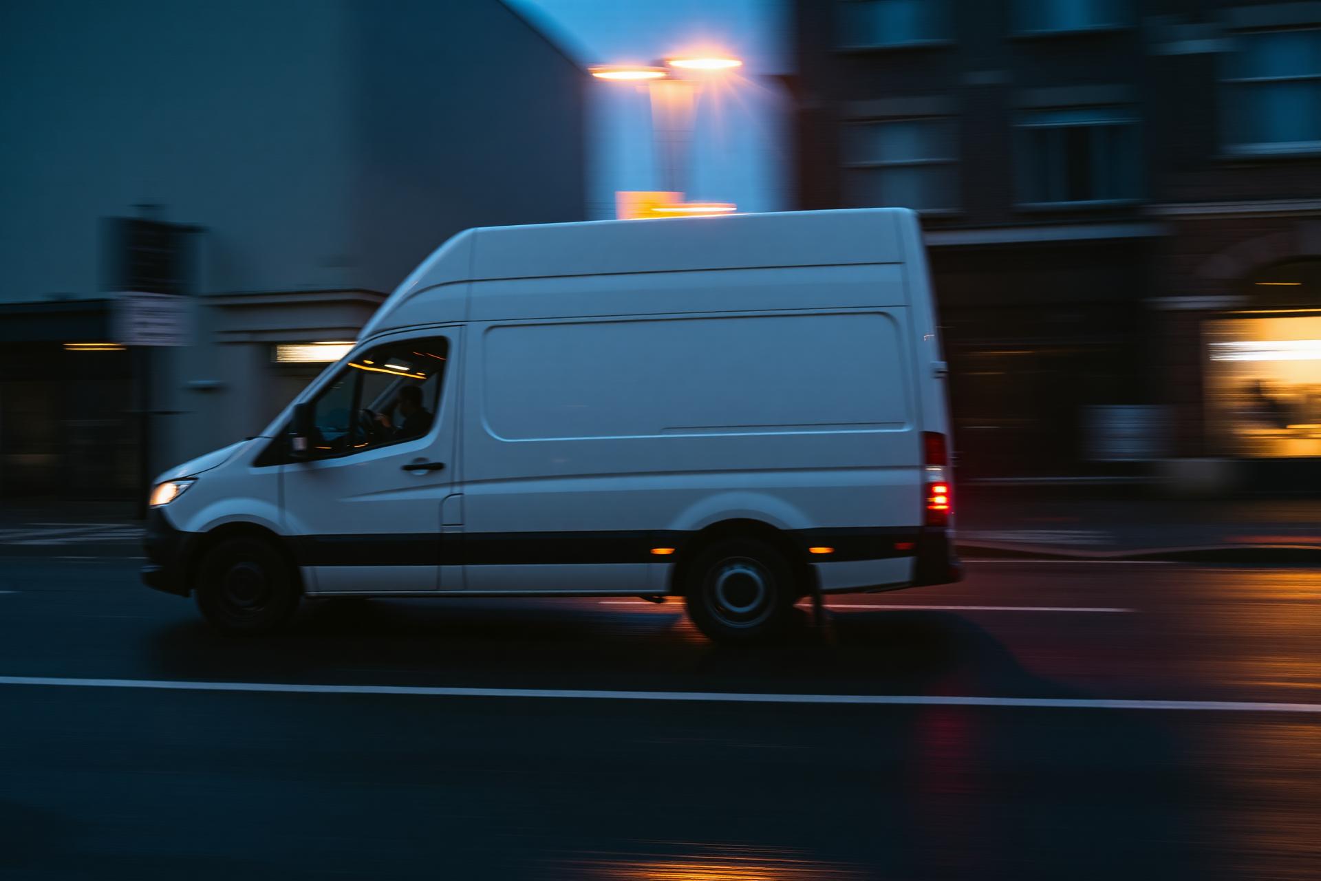 AvDar Group courier van on a Belfast street at dusk